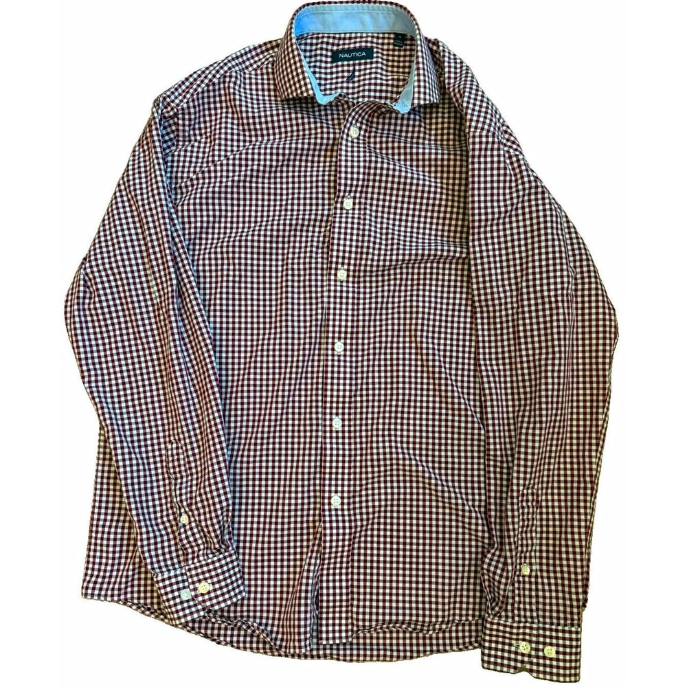 Nautica Men's L Red Woven Check Long Sleeve Button-Up Shirt Point Collar
